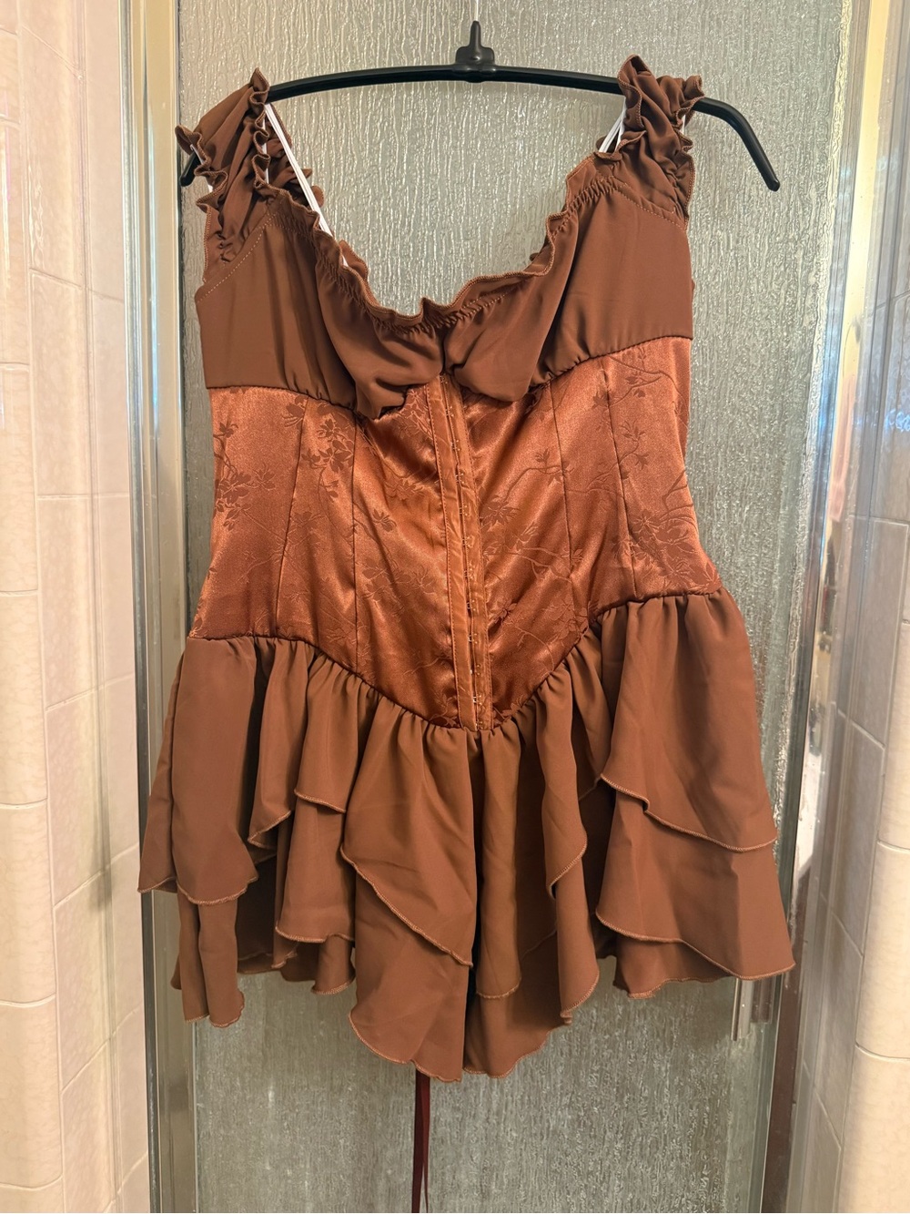 SHEIN Copper Brown Ruffle Satin-Panel Mini Dress